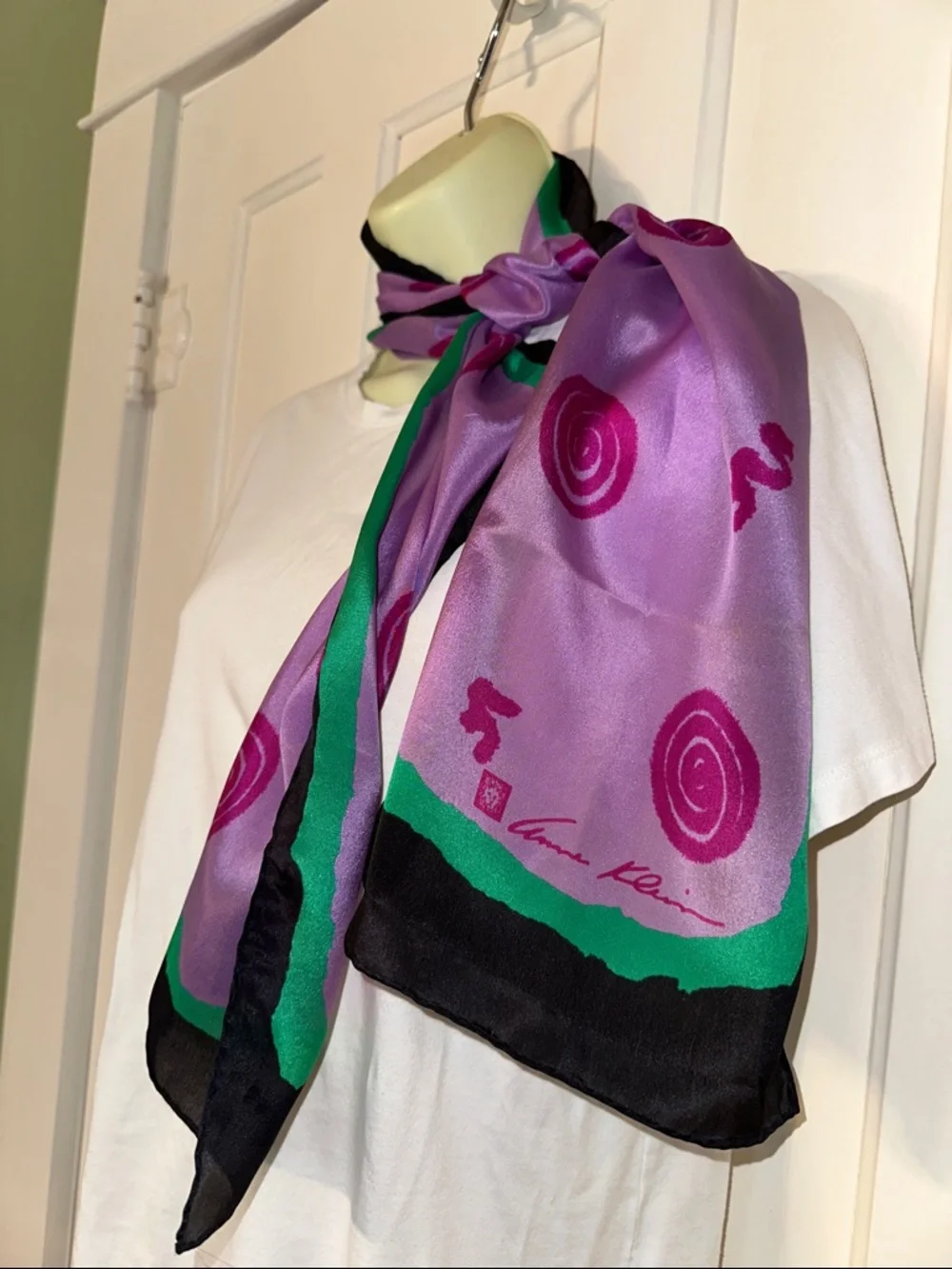 Vintage 80s Anne Klein Purple, Pink, Green & Black Swirl Pattern‎ Silk Scarf